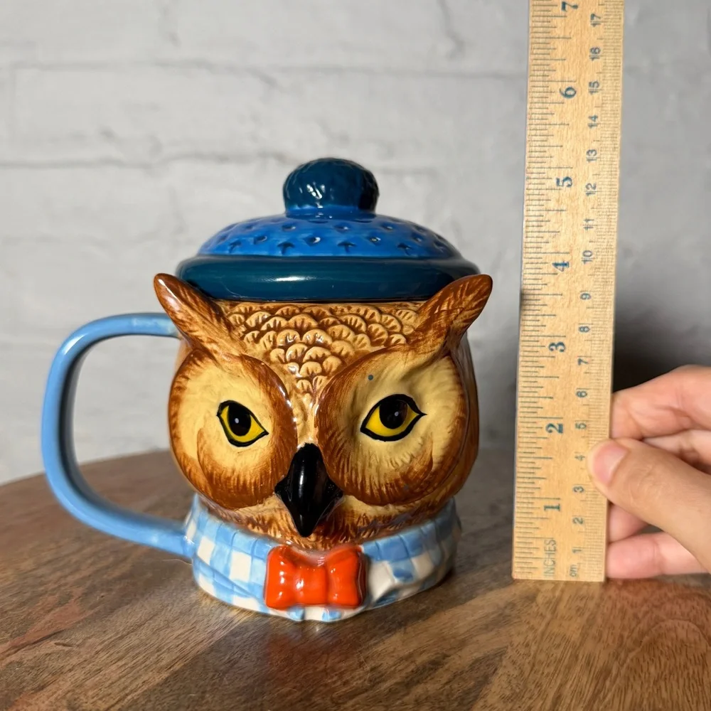 West Elm Rachel Kozlowski Dapper Animal Owl Mug with lid hand painted